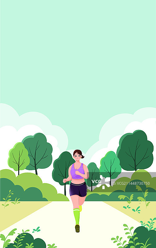 扁平插画青年女人在风景优美的小路边跑步的正面图片素材