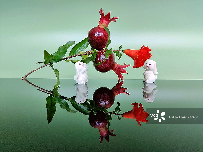 桌上石榴与花和小白兔特写镜头图片素材