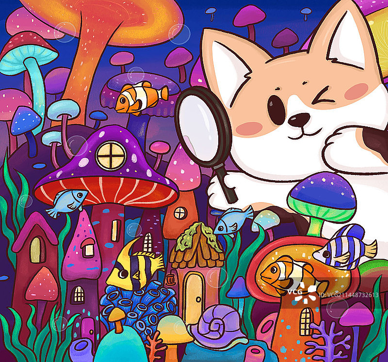 柯基放大镜看彩色蘑菇城堡图片素材