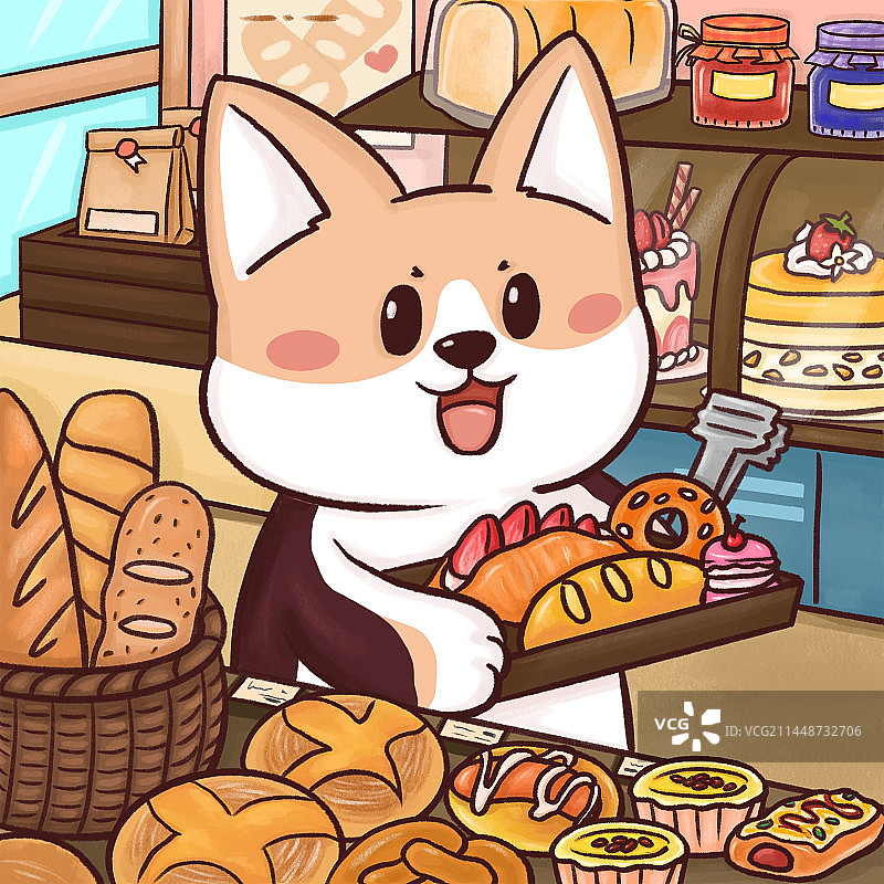 柯基甜品店买面包蛋糕图片素材