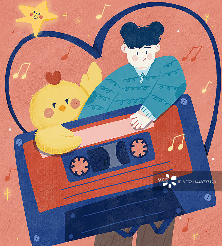 音乐女孩手绘扁平插画-磁带图片素材