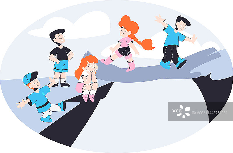 在陡峭的步行道上玩耍的小男孩和女孩图片素材