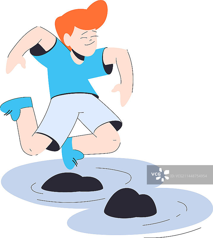 快乐男孩走在水面上，踩着鹅卵石图片素材