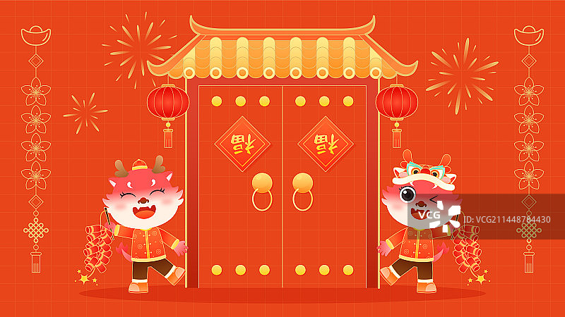 2024龙年新年中国传统文化卡通龙放鞭炮年俗插画图片素材