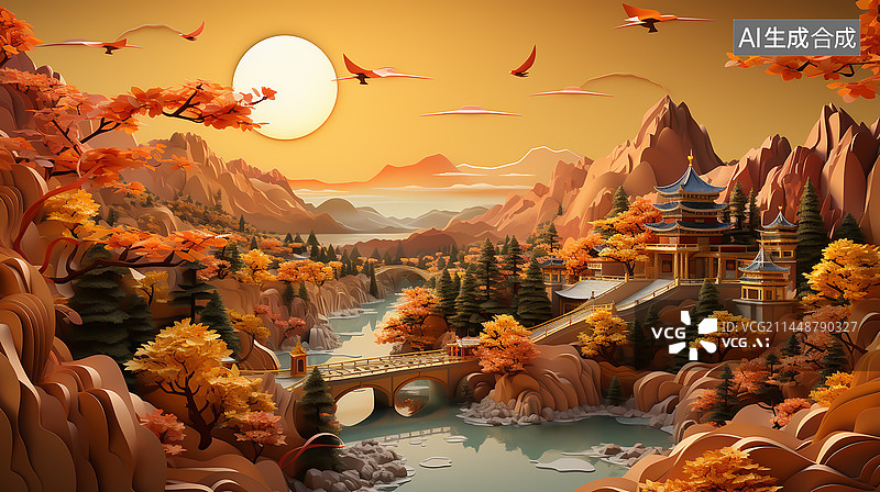 【AI数字艺术】中国传统浮雕插画之秋天图片素材