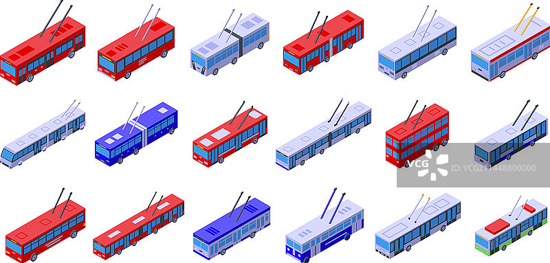 无轨电车等距交通工具图标集图片素材