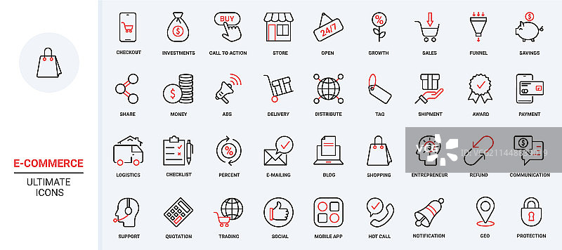 潮流红黑细线电商图标合集图片素材