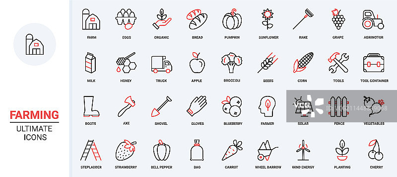 农业农场红黑细线图标集图片素材