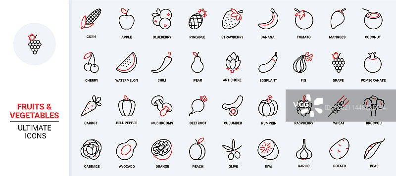 果蔬红黑细线图标集图片素材