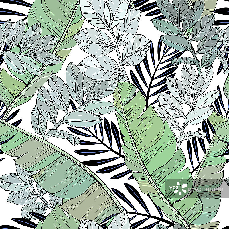 香蕉和棕榈叶图案热带印花图片素材