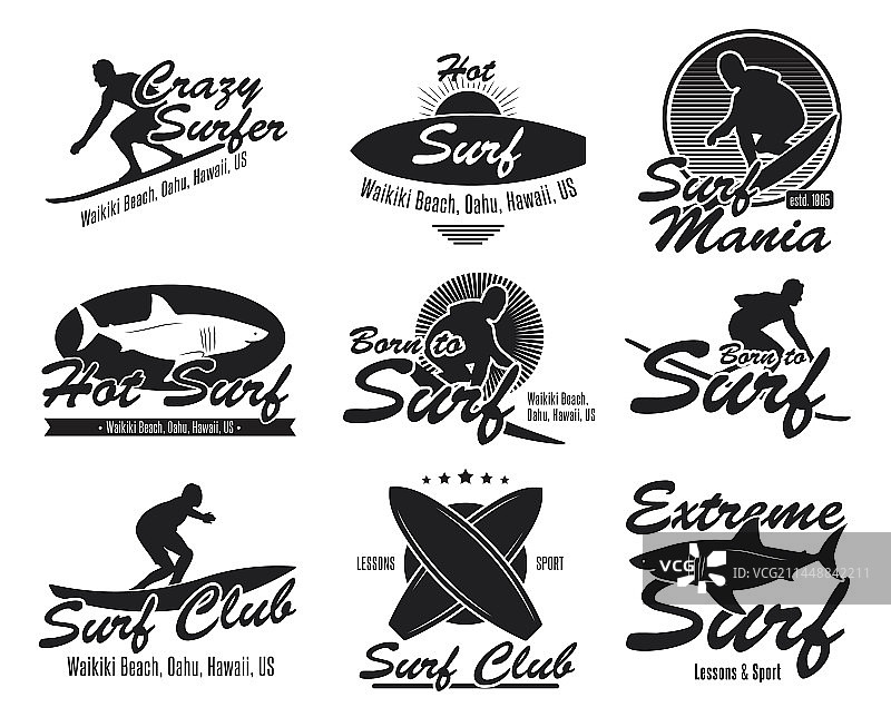 不同的冲浪俱乐部扁平风格标志合集图片素材