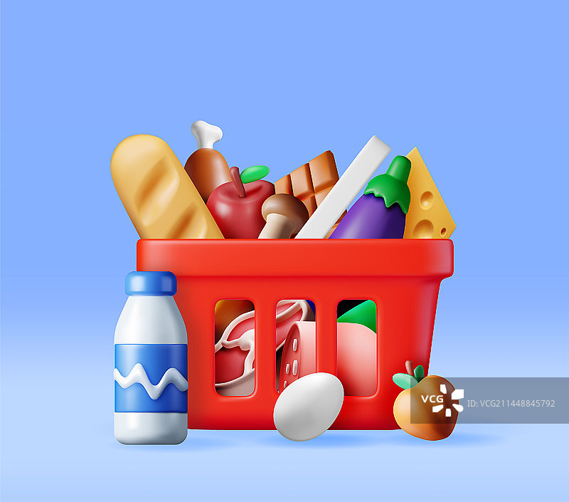 装满新鲜产品的3D购物塑料篮图片素材