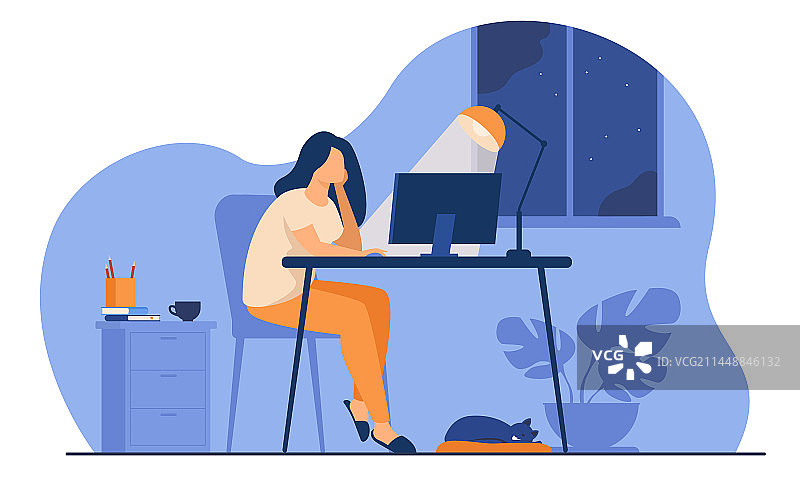 夜晚在家办公的女性图片素材