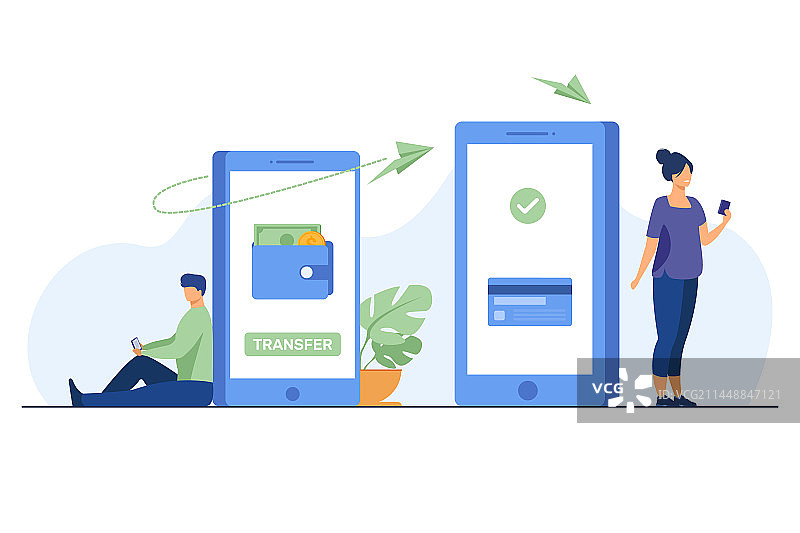 男人通过智能手机向女人转账图片素材