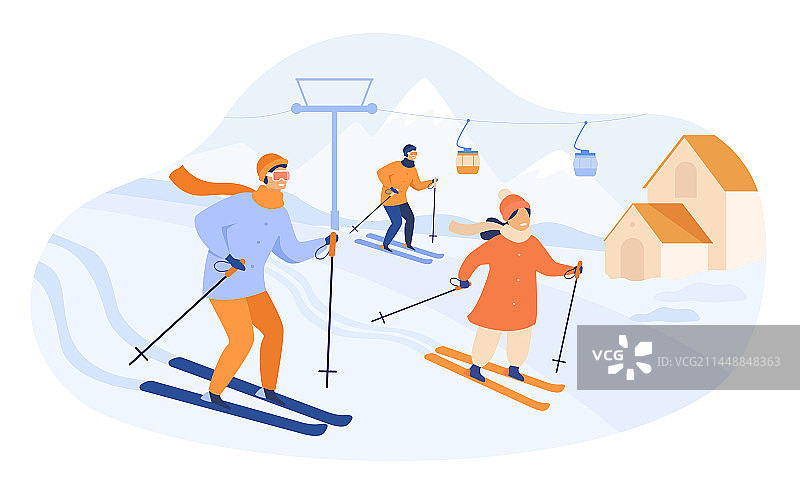 快乐的一家人在山区滑雪图片素材