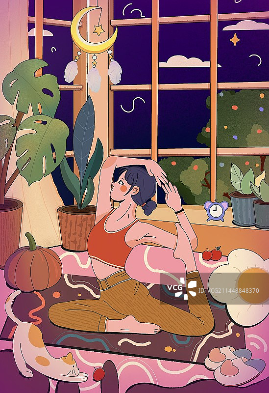 傍晚在家房间里练习瑜伽的女孩图片素材