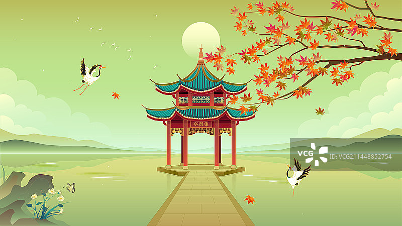 秋天集贤亭西湖矢量国潮插画图片素材