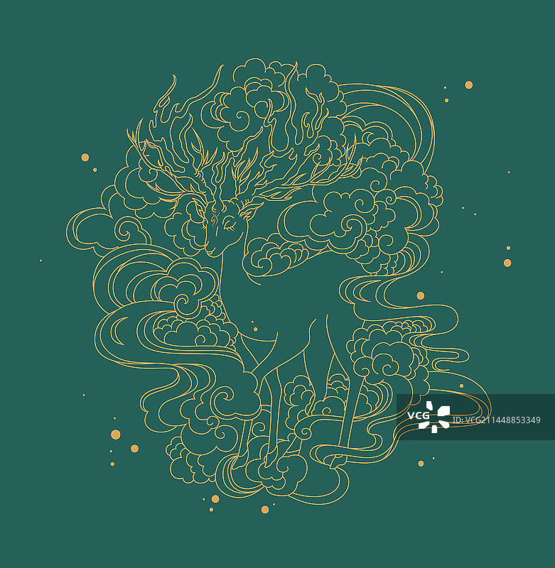祥云与鹿插画图案图片素材