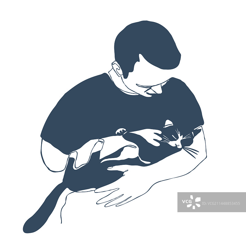男人怀抱黑色猫咪的绘画作品图片素材