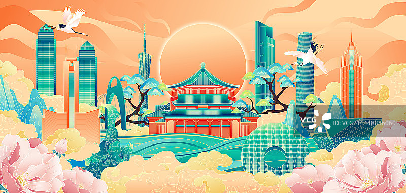 国风城市广州地标建筑彩色矢量插画图片素材