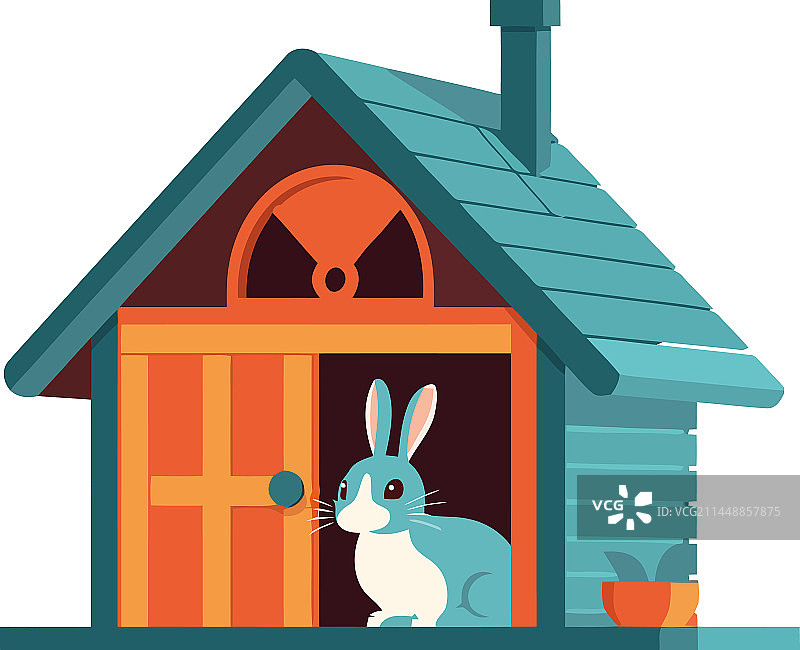 小屋和植物中的可爱兔宝宝图片素材
