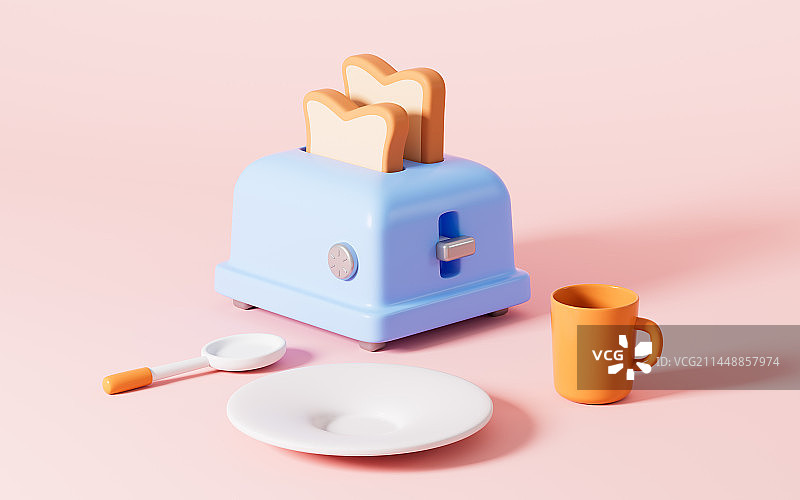 卡通烤面包机与营养早餐3D渲染图片素材