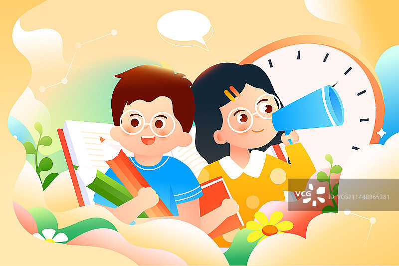 开学季小朋友学习阅读教育同学返校矢量插画图片素材