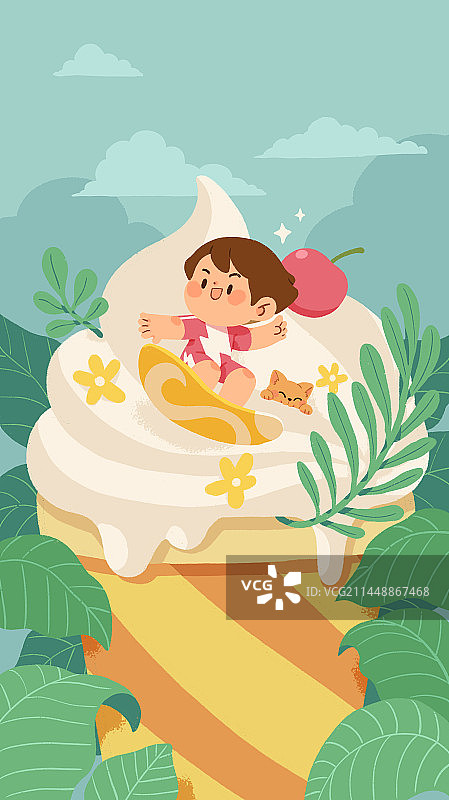 夏季节气在冰激凌上滑雪的男孩图片素材