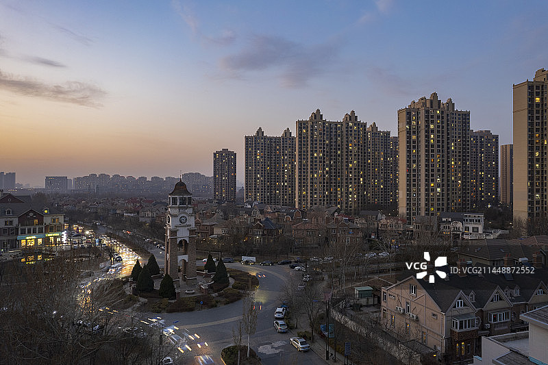 天津外环线周边城镇建筑日落晚霞风光图片素材