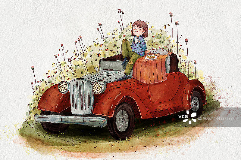 可爱的小女孩坐在车顶听风声图片素材
