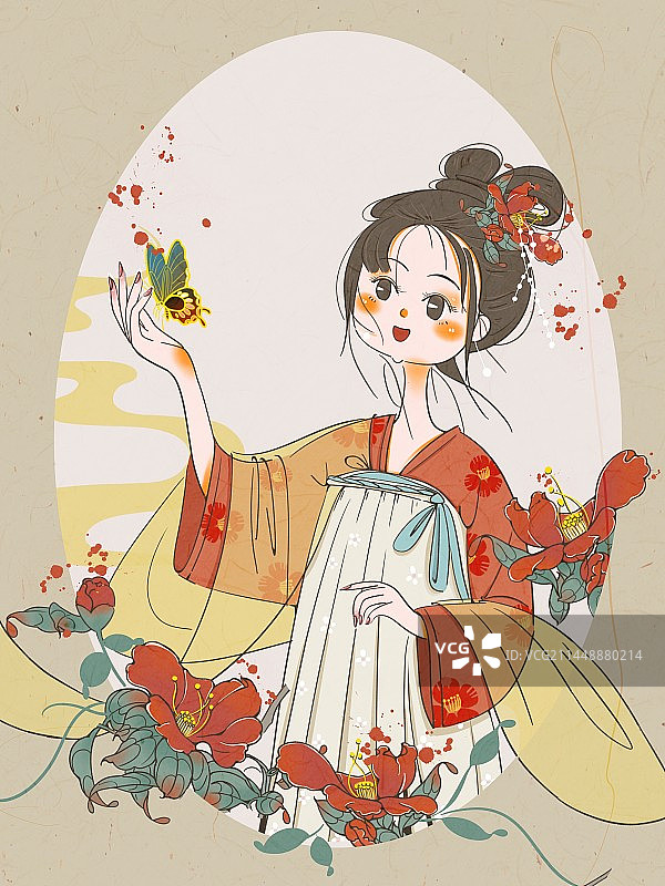 古风十二花神之凌霄花女孩插画图片素材