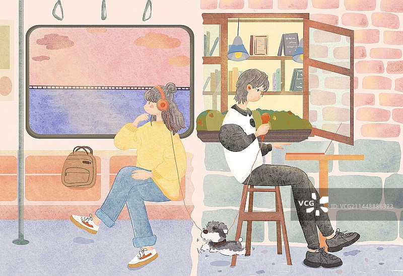 坐地铁的听歌女孩和其他城市唱歌的男孩图片素材