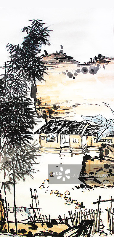 乡村别墅中国风手绘传统文化水墨插画植物风景图片素材