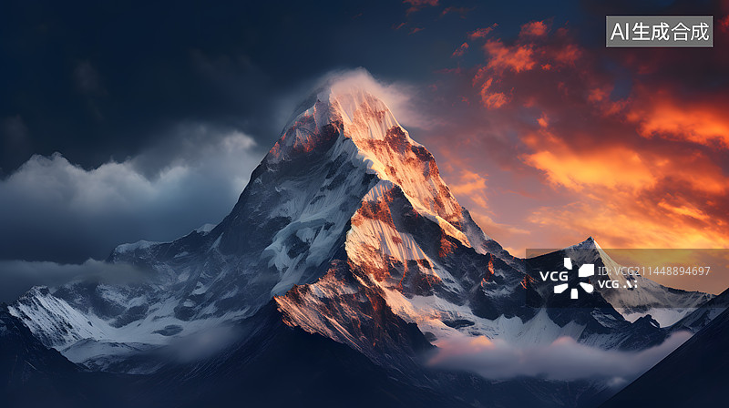 【AI数字艺术】雪山风景，日照金山图片素材