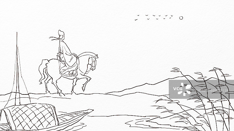 河边码头骑马观望大雁的古代学子人物古诗场景插画图片素材