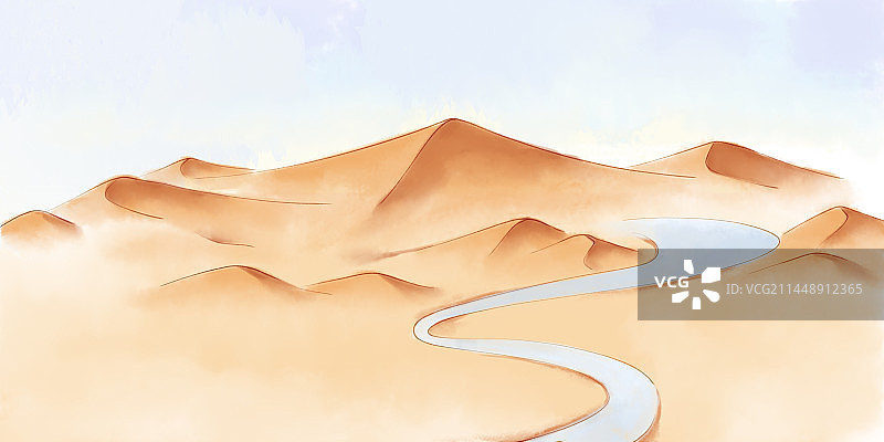 沙漠中骆驼商队沿着丝绸之路前进手绘插画图片素材