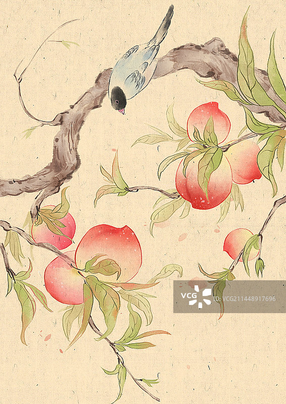 古风国画写意桃树与鸟图片素材