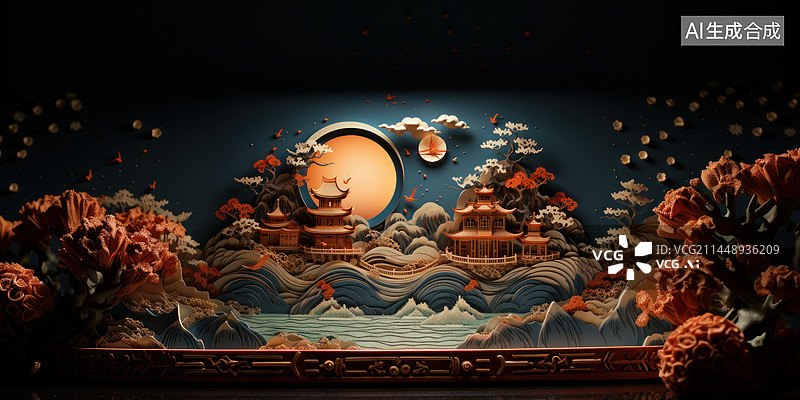 【AI数字艺术】中国传统山水画浮雕剪纸风格渲染图片素材