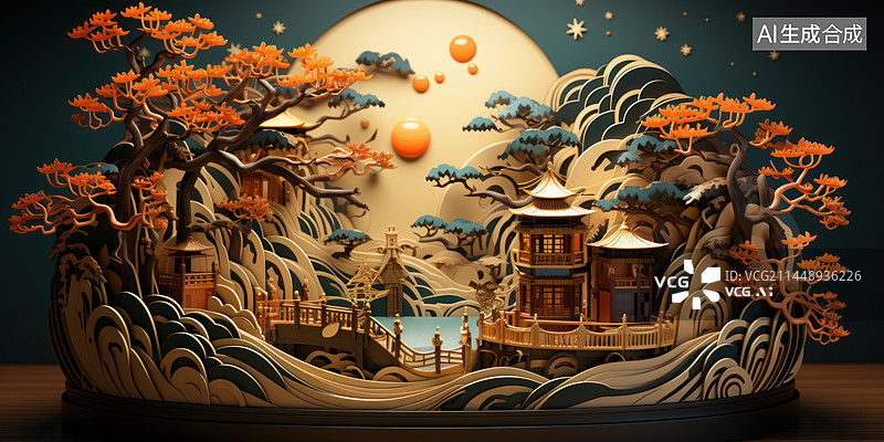 【AI数字艺术】中国传统山水画浮雕剪纸风格渲染图片素材