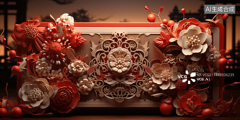 【AI数字艺术】精美中国传统立体浮雕山水渲染包装盒图片素材