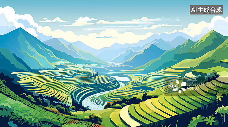 【AI数字艺术】茶叶梯田插画图片素材