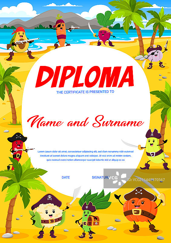 儿童卡通蔬菜海盗岛屿毕业证图片素材