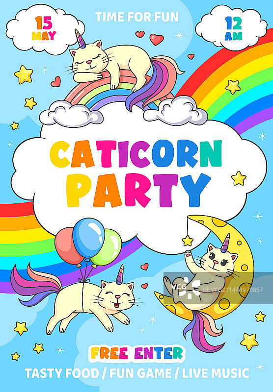 卡通滑稽猫咪儿童派对宣传单图片素材