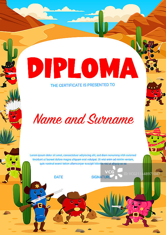 西部儿童牛仔警长毕业证书卡通浆果图片素材