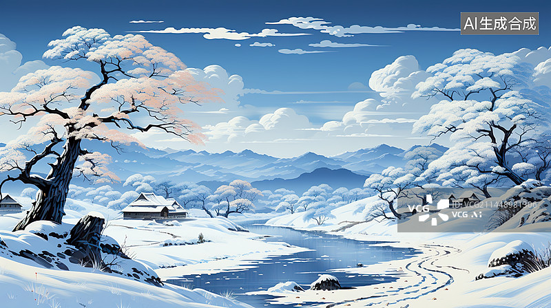 【AI数字艺术】水彩油画风格冬天河道田野背景插画配图图片素材