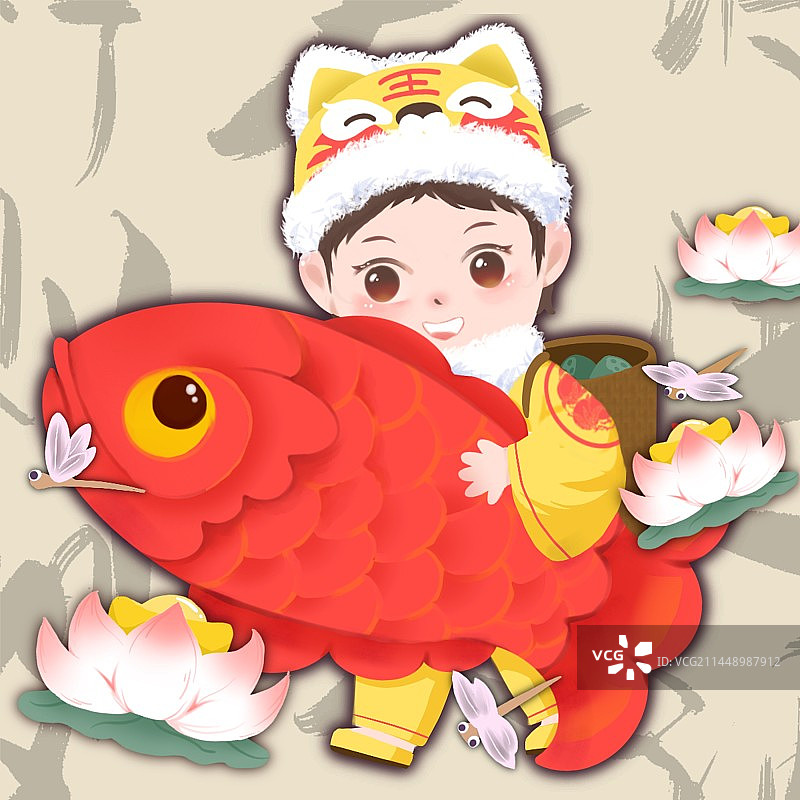 可爱春节喜庆年年有鱼插画图片素材