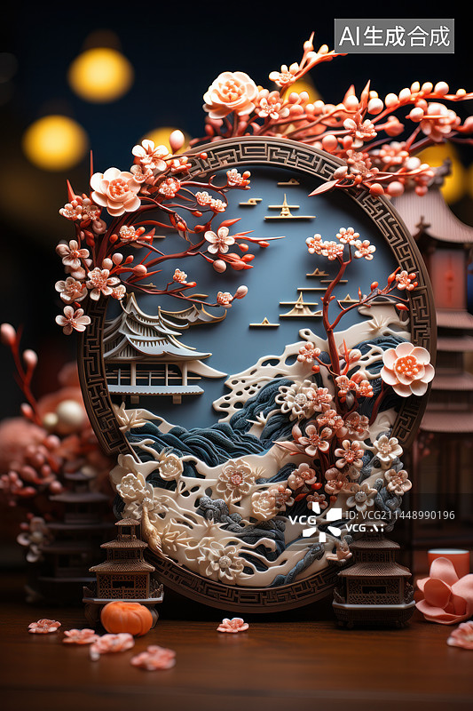 【AI数字艺术】精美传统中国山水浮雕艺术摆件图片素材