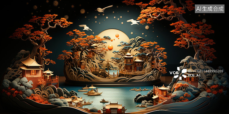 【AI数字艺术】精致华丽的中国山水风光浮雕剪纸艺术渲染图片素材