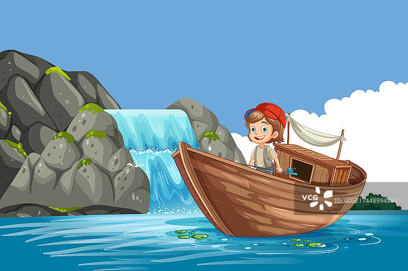 渔夫在有瀑布的木船上钓鱼图片素材