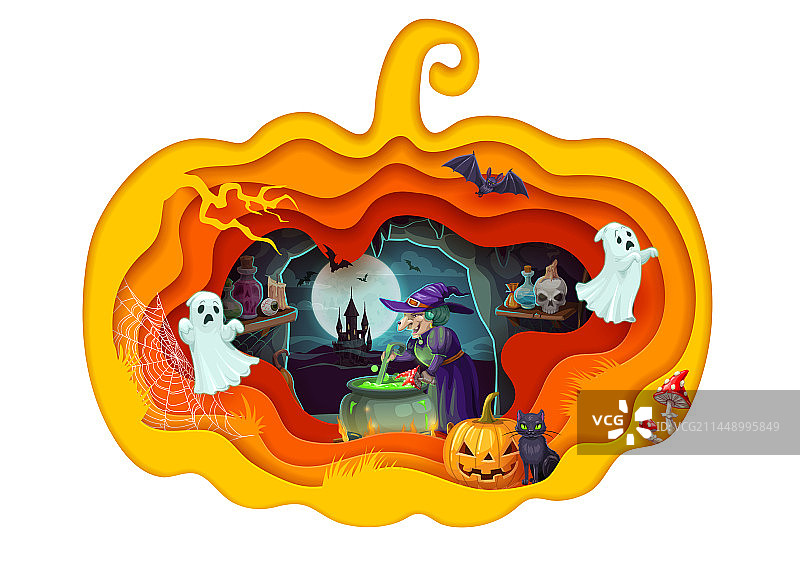 万圣节剪纸卡通女巫和魔法药水图片素材
